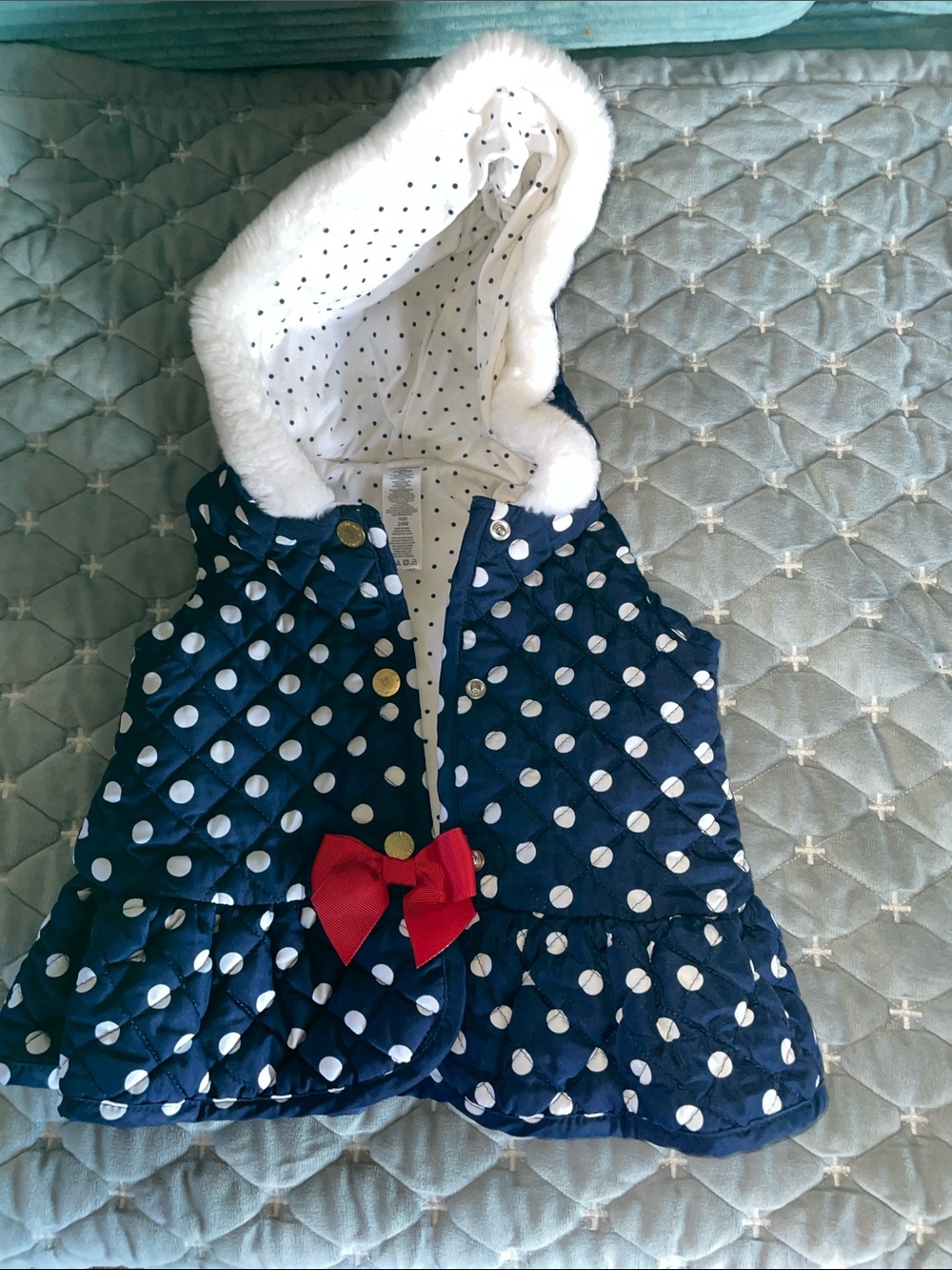 Girls’ Size 24 mos Navy Polka Dot Hooded Quilted Vest with Red Bow for Kids